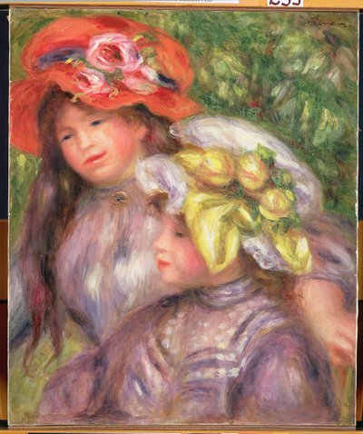 Heads of Two Girls with Hats, c.1910 by Pierre Auguste Renoir